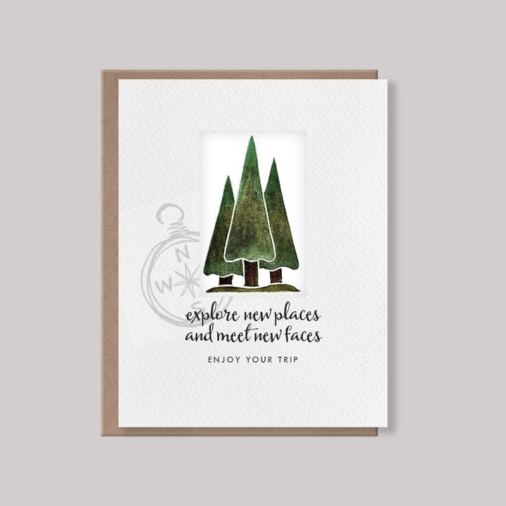 CARVED Pine Trees Note Card | "Enjoy Your Trip" for wholesale by Originals Paper Art