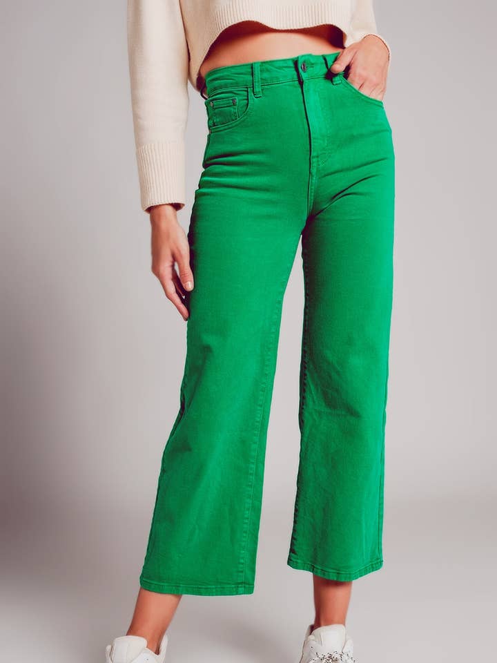 Cropped wide leg jeans in deep green for wholesale by Q2—All Orders:Free Duties for the US,UK,and Canada