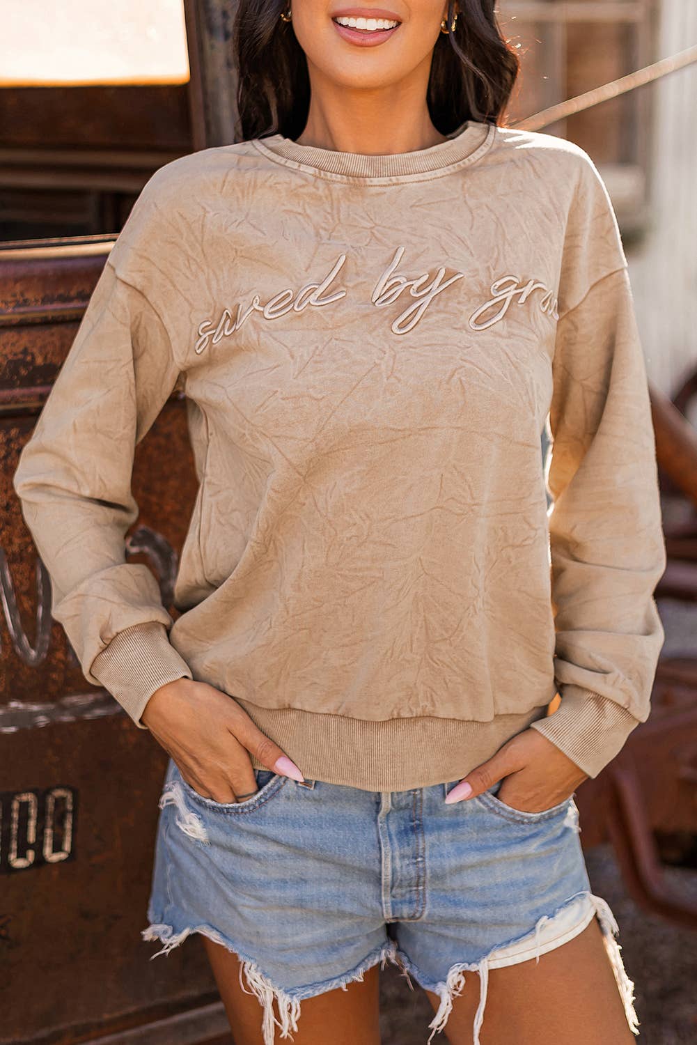 fashionworks - Wholesale Sweatshirt - Women's - Western Letter Embroidery Mineral Wash Loose Sweatshirt6