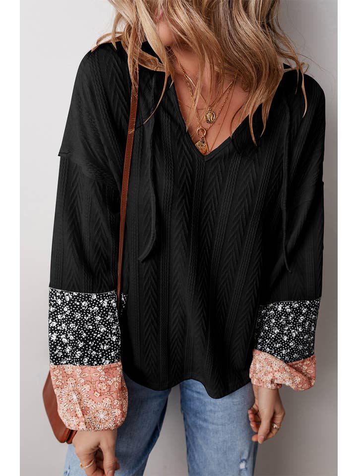 Little Daisy Closet - Wholesale Knit Top - Women's - LDC Floral Patchwork Textured Knit Drawstring V Neck Blouse