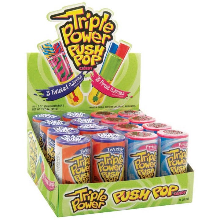 Topps Triple Power Push Pop Caramelle 1,2 oz confezione da 16 pezzi per la vendita all'ingrosso da parte di Snacky Candy