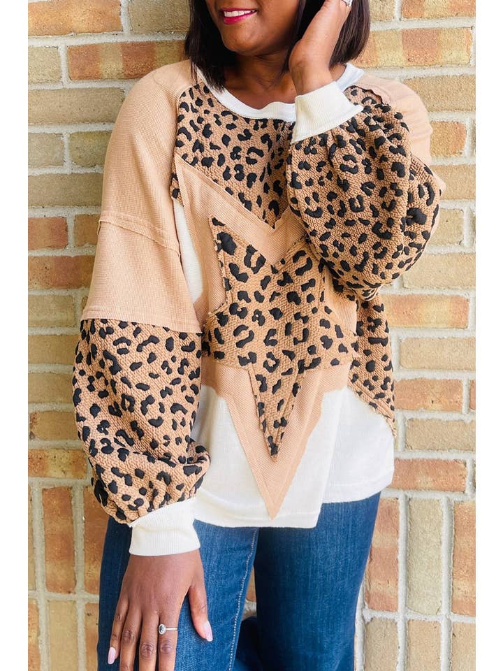 Beige français clair Sweat-shirt patchwork léopard étoile beige printemps 2026 en vente sur Faire