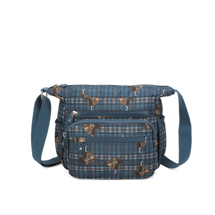 Crossbody Taske 8012# Highland Cow Navy for engroshandel hos Strathurie