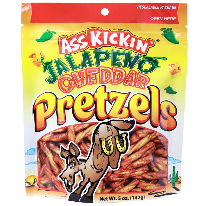 Southwest Specialty Food - Wholesale Pretzels - Ass Kickin' Jalapeno Cheddar Pretzels, 5 oz Resealable Bags