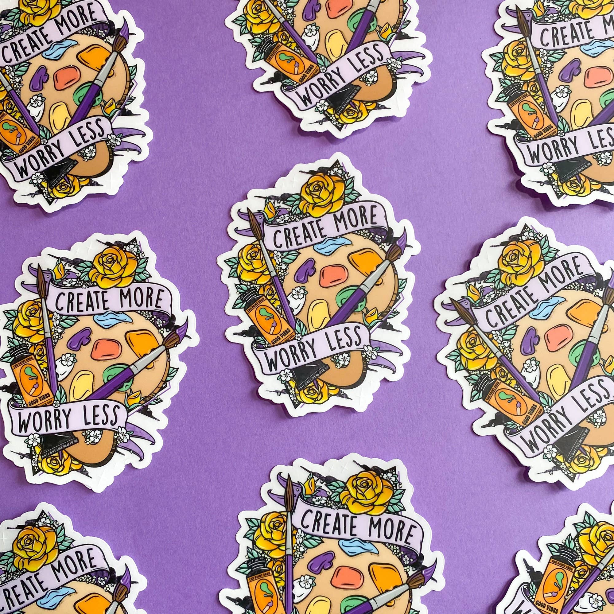 The Paint Sesh - Vente Autocollant - Autocollant Create More Worry Less transparent | Autocollant pour artiste8