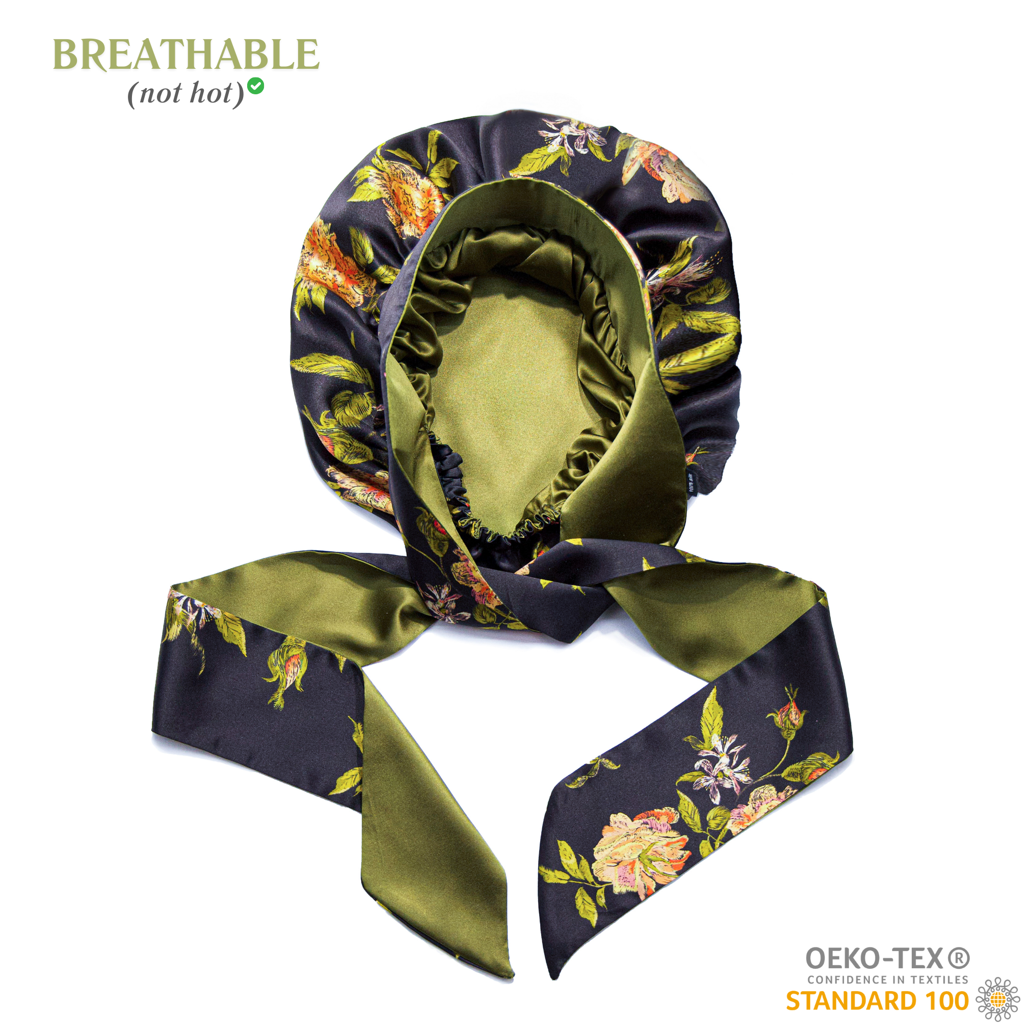 Nochka – wholesale Sleep cap / bonnet – women's – Wild Rose Print Reversible Bonnet with Ties3