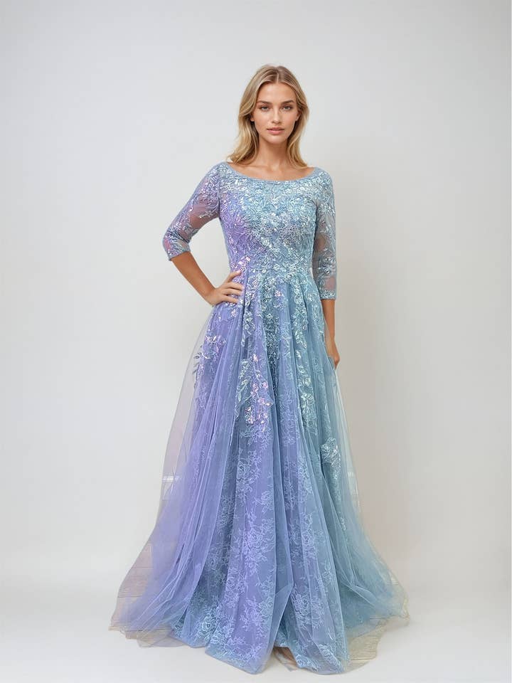 LONG SLEEVE GOWN WITH FLORAL APPLIQUE for wholesale by Juliet