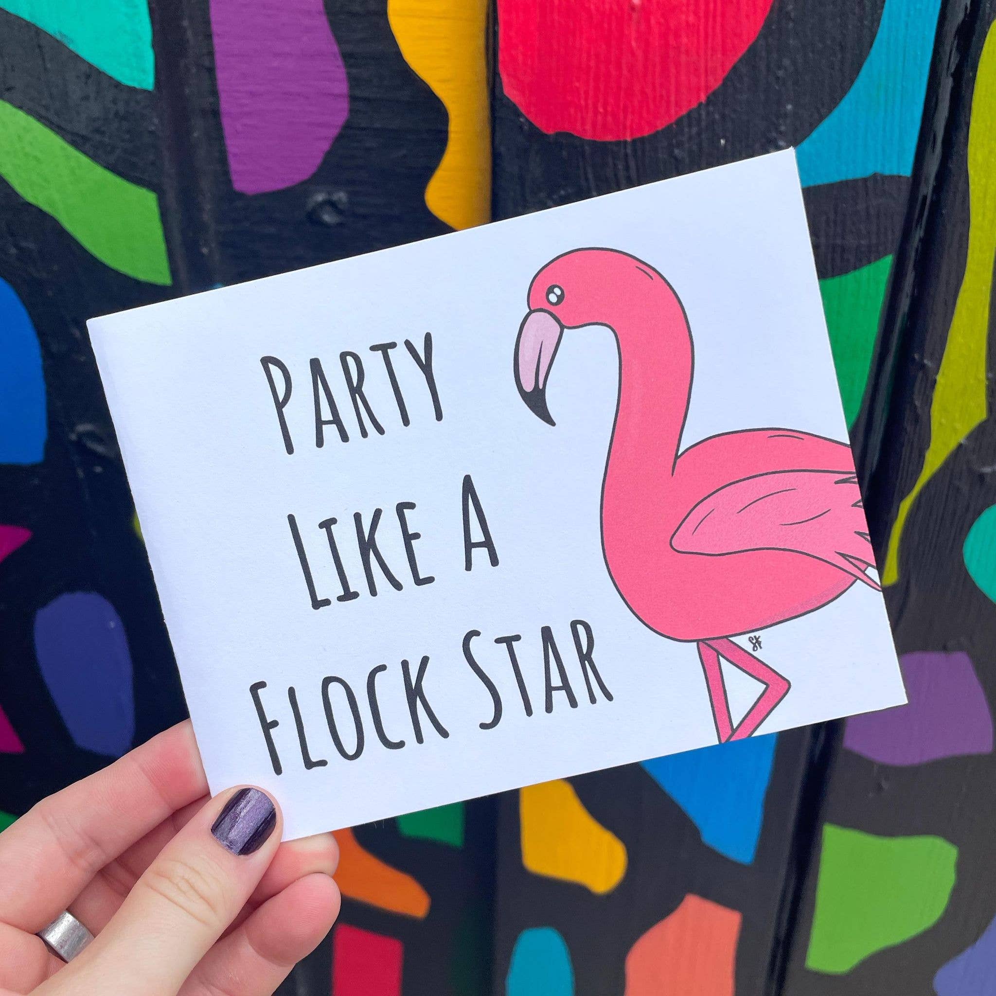 SKP ink – wholesale Födelsedagskort – Party som en flock Star Flamingo Pun hälsningskort2