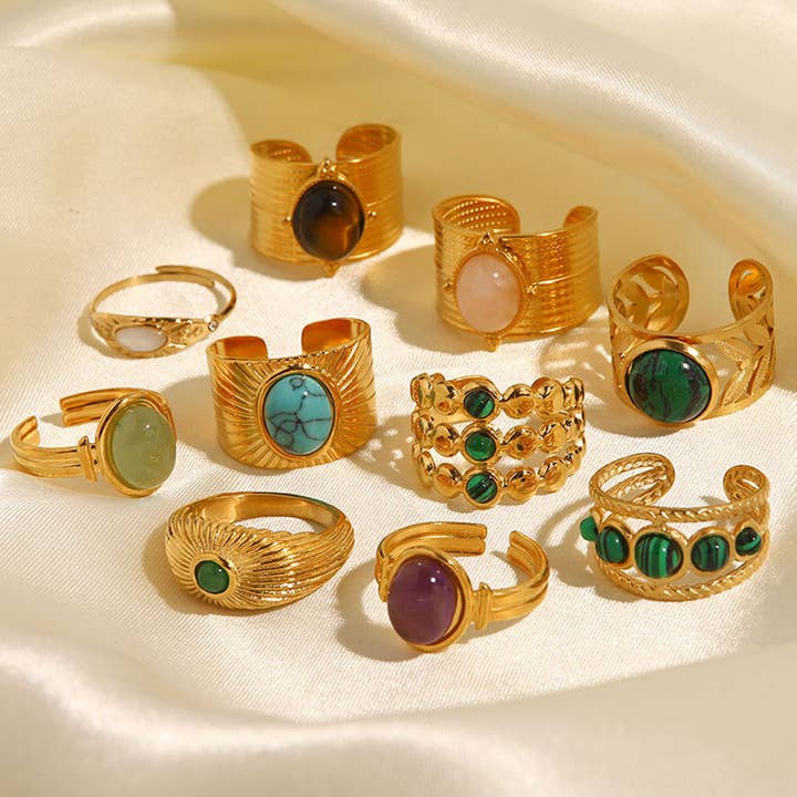 ACCITY - Wholesale Cocktail/Statement Ring - GOLD STAINLESS STEEL INLAID NATURAL STONE RINGS_CWAJE0611