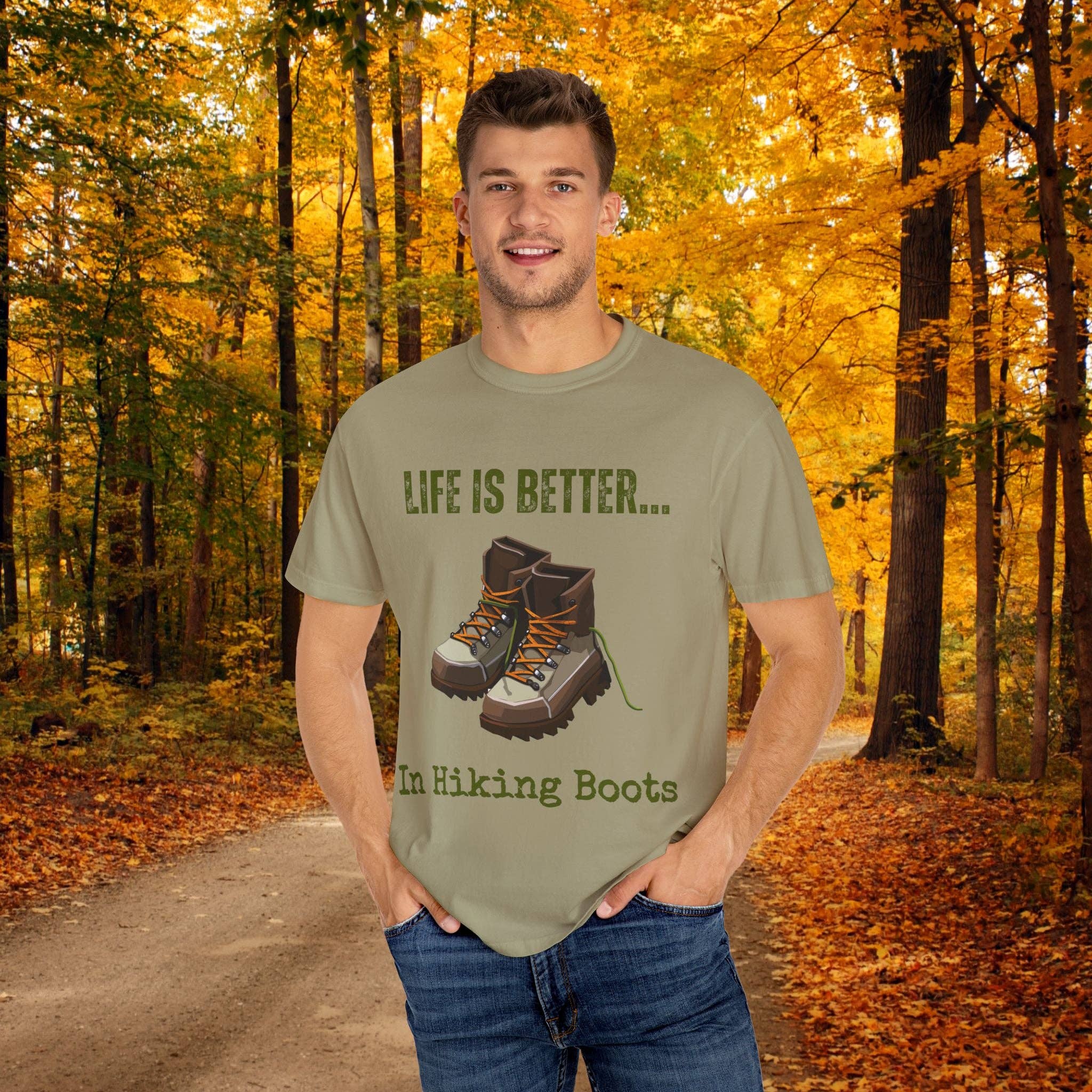 Restored By Nature Company - Wholesale Screen Printed T-Shirt - Unisex - Unisex Graphic Tee – Life Is Better…In Hiking Boots – Soft Cotton3