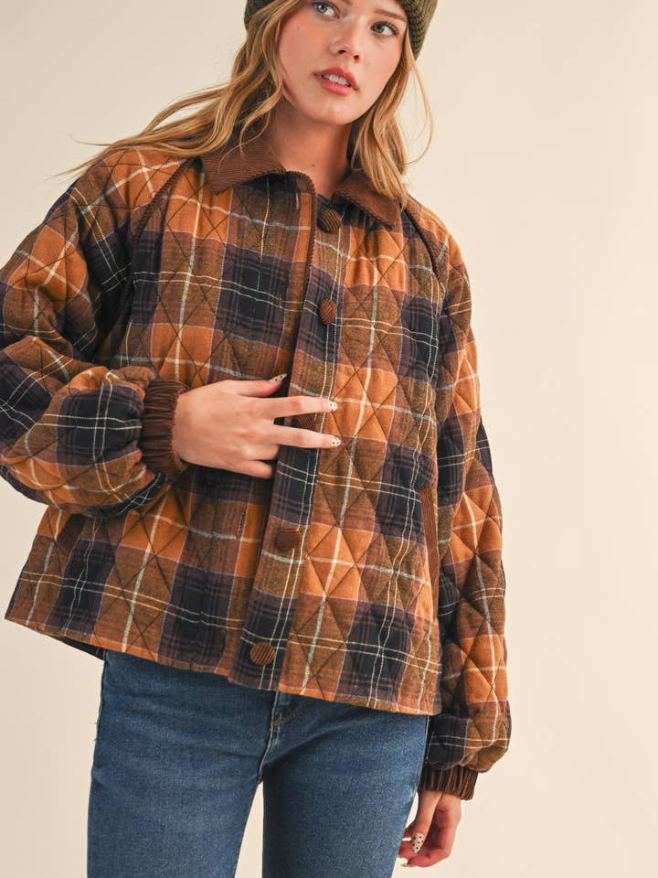 &MERCI - Wholesale Jacket - Women's - PLAID QUILTED JACKET WITH CONTRAST CORDUROY DETAIL MJK4115