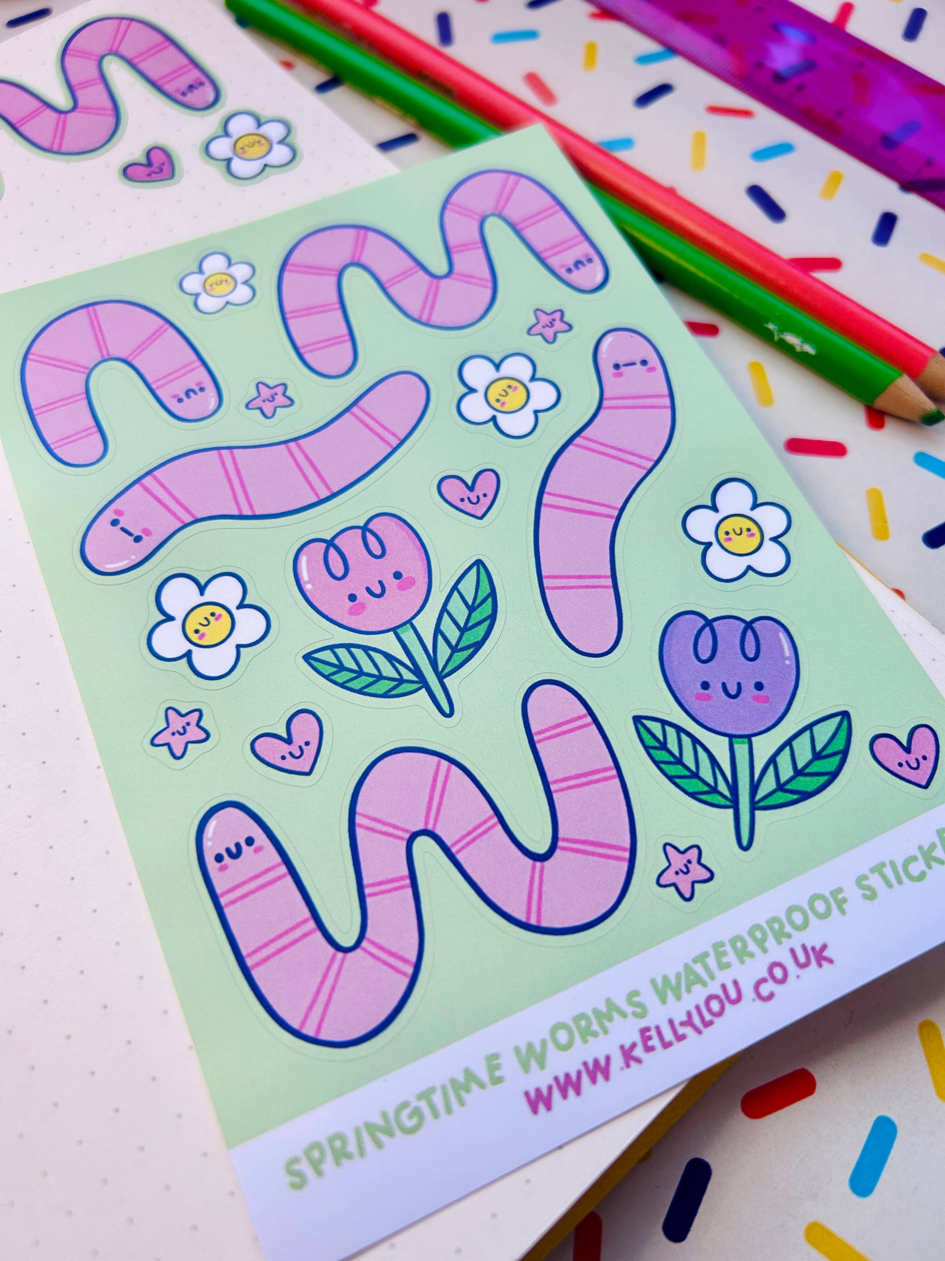 Kellylou – wholesale Sticker – Spring Worms Vinyl Sticker Sheet3