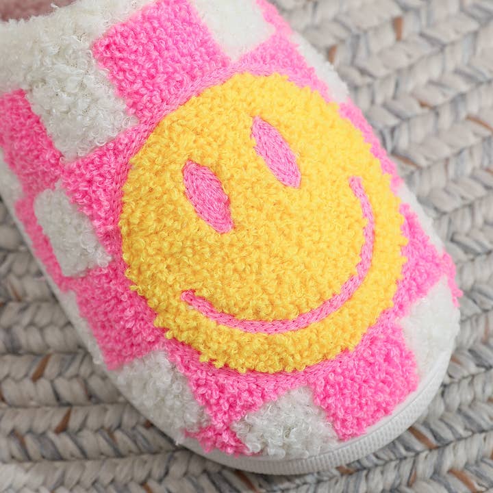 Sweet Cherry Sky – wholesale Slippers – Women's – Checker Board Smiley Face Slippers Hot Pink/Black and White