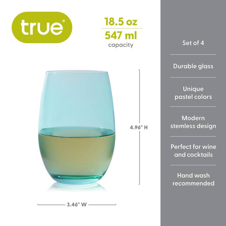 TRUE - Wholesale Wine Glass - Vino Colorful Stemless Wine Glasses - Set of 4 OR Set of 6