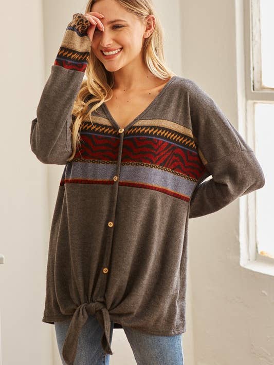 LMT1994-A-Woodland Hill V Neck Aztec Cardigan for wholesale by lovely melody