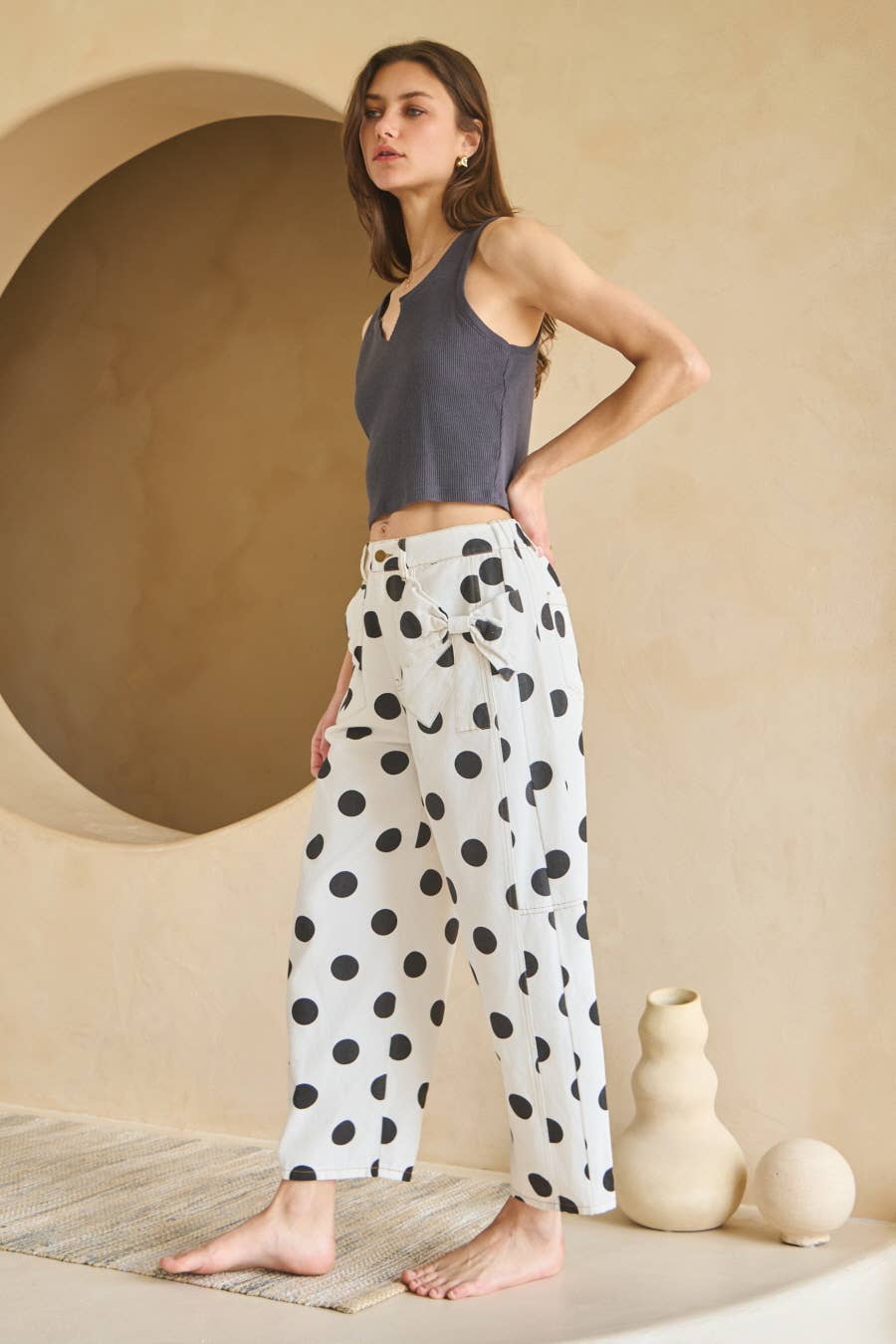 Oddi - Wholesale Pants - Women's - Polka Dot Printed Barrel Denim Pants1