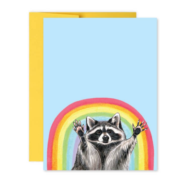 Tarjeta de felicitación Rainbow Raccoon A2 (celebración, día a día, orgullo) para venta al por mayor de Allison Stoiser Art