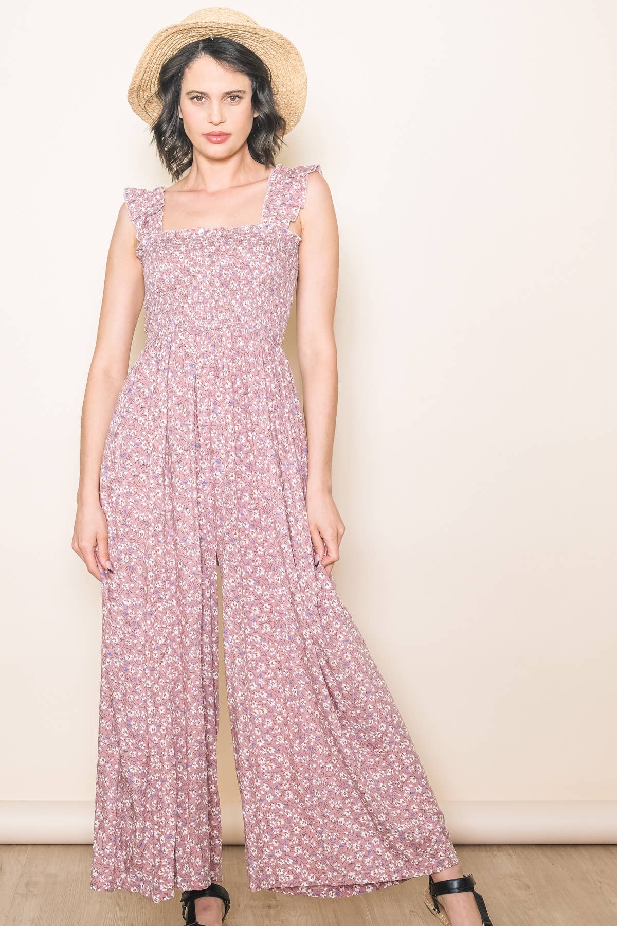 Elloh Collection - Wholesale Jumpsuit - Women's - Super Comfy Ruffle Shoulder Smocked Wide Leg Jumper Jumpsuit14