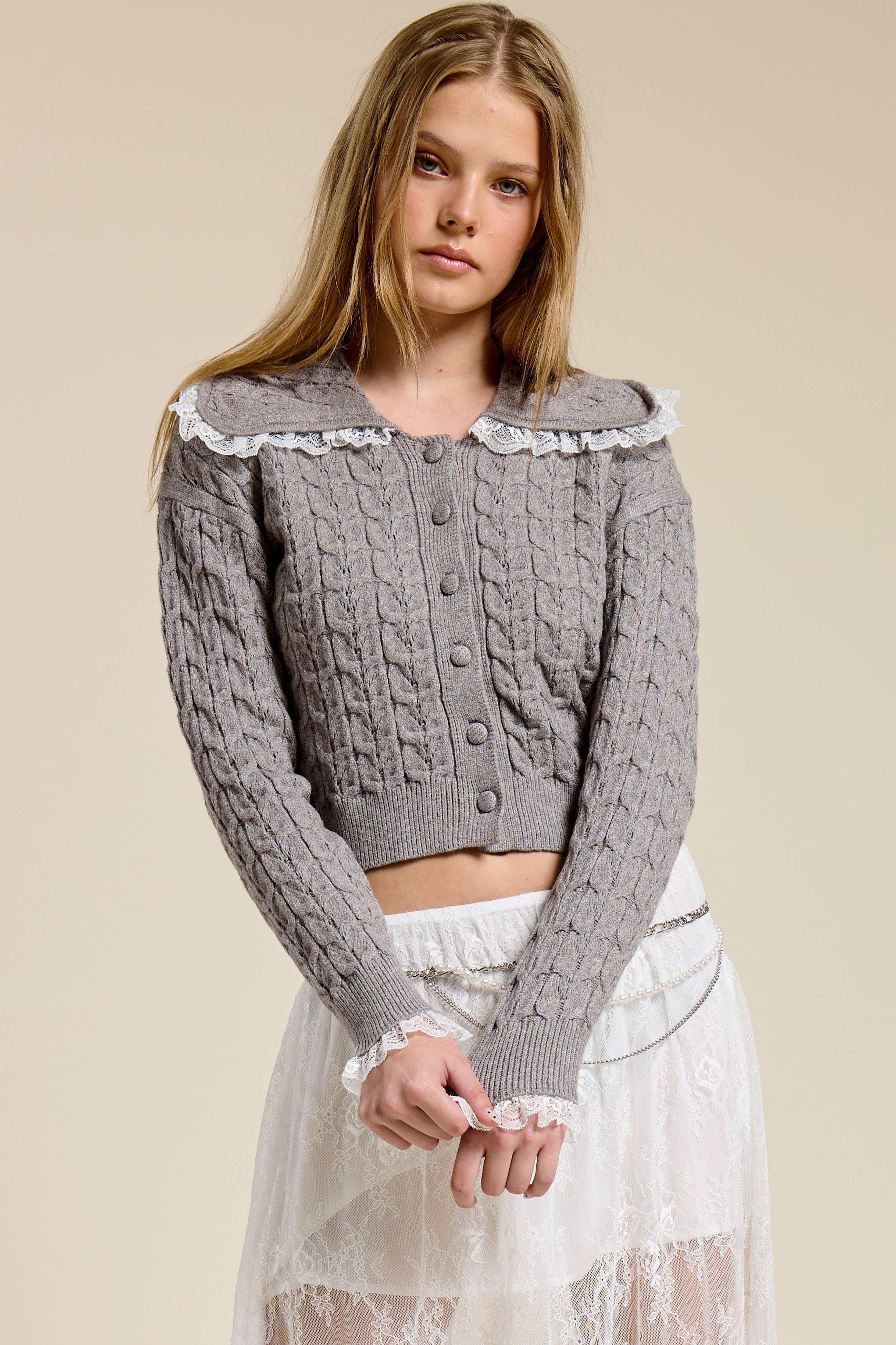 Mimosa - Wholesale Cardigan - Women's - Lace Trim Collar Cable Knit Cardigan1