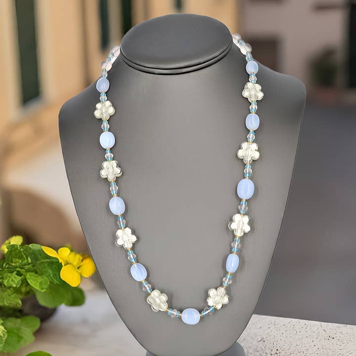 Floral Aqua Calcedony Murano Glass Necklace with Rose Quartz, Citrine & Apatite Gemstone Beads for wholesale by Viktoria Simonë