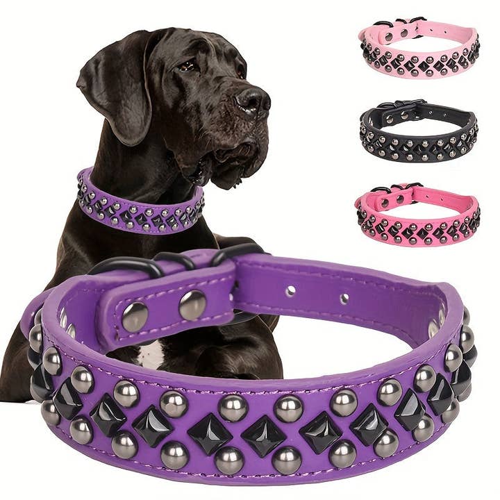 DIYSTORE - Wholesale Pet Collar - Dog - CP037 Studded Faux Leather Dog Collar with Bite-Resistant Rivets, Adjustable Basic Collar with Round and Square Studs for Neck Protection - For Medium to Large Dogs - Durable & Stylish - Perfect Gift for Dog Owners