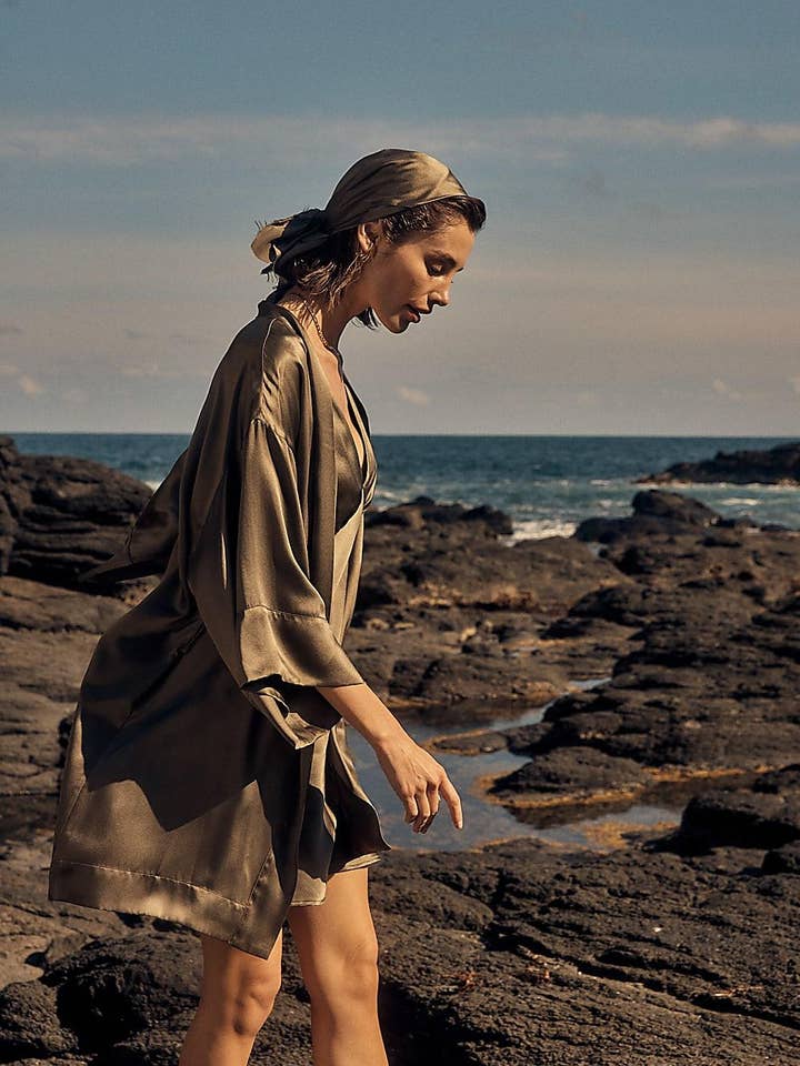 Pure Silk Short Luxury Robe - Diamond Olive for wholesale by Gingerlilly