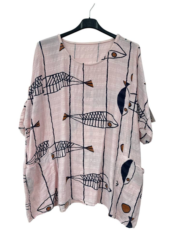 Miss Bold - Wholesale Blouse - Women's - Italian Crinkle Cotton Fish Print Top with Pockets & Turn-Up Sleeves9