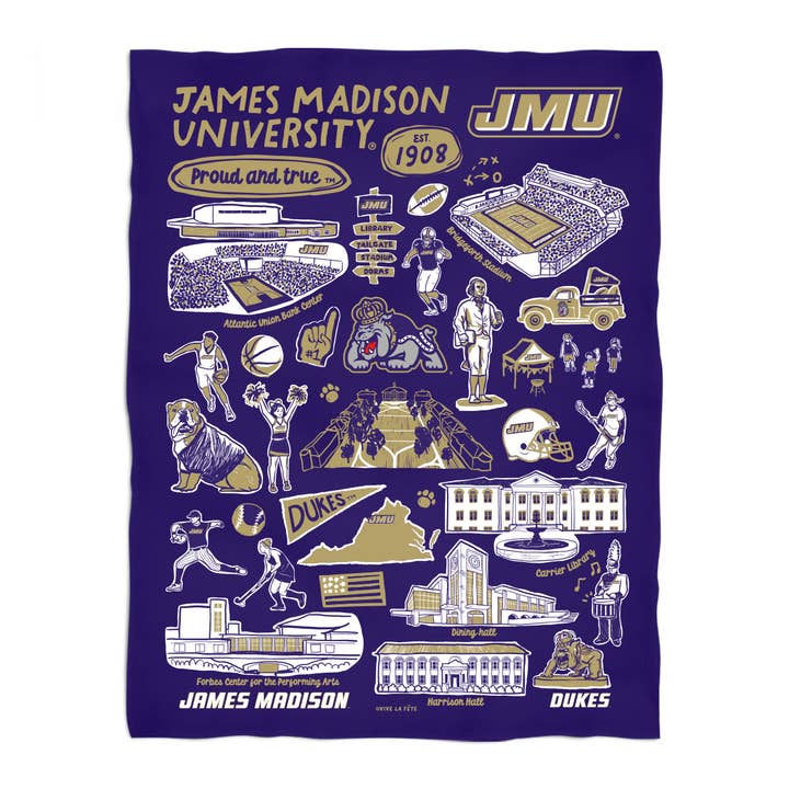James Madison Univ Vintage Hand Sketched Minky Blanket for wholesale by Vive La Fete