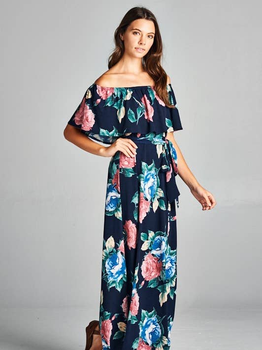 Navy ETD-526 Floral Off-Shoulder Maxi Dress for wholesale on Faire