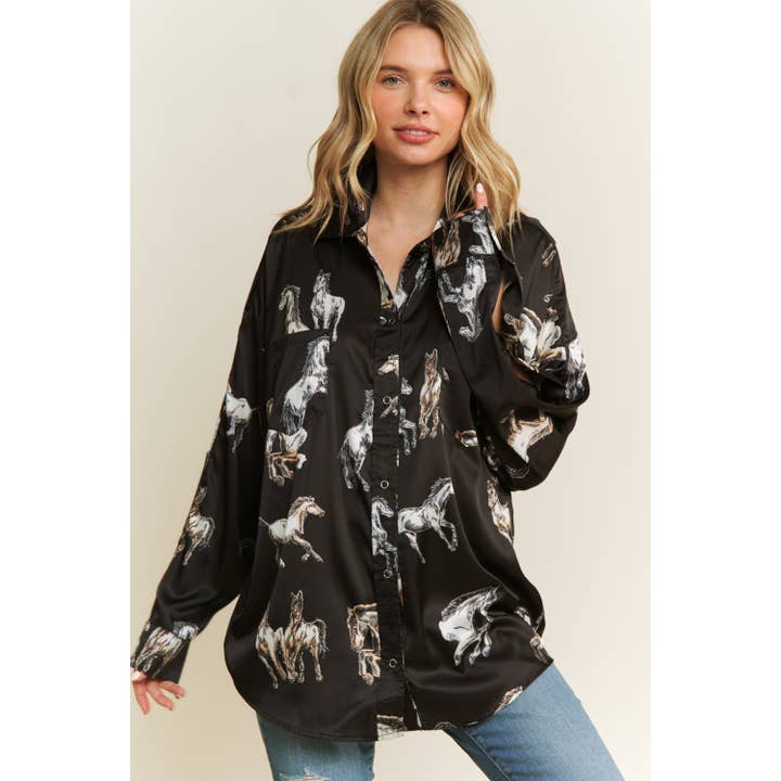 SATIN HORSE PRINT BUTTON DOWN SHIRTS WITH SNAP BUTTONS ON TH for wholesale by Sweet Generis