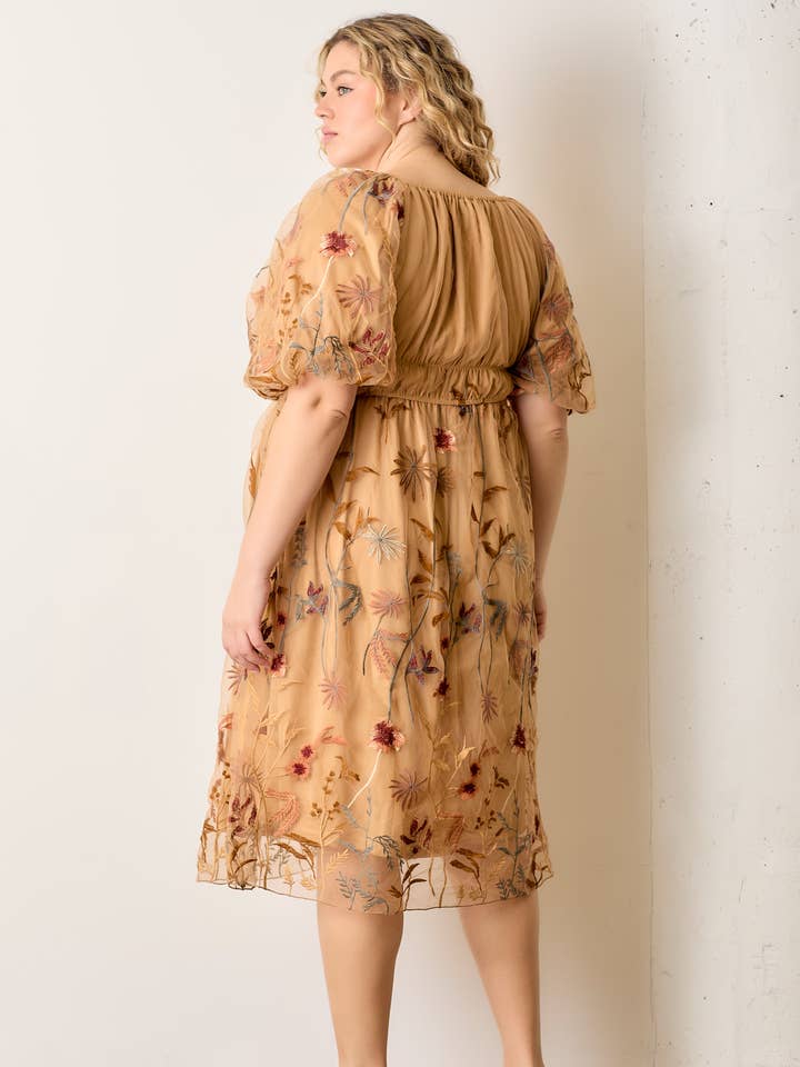 CAMEL EMBROIDERED MESH BUBBLE SLEEVE DRESS for wholesale on Faire3