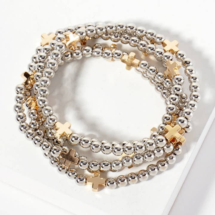 Wild Honey - Wholesale Jewelry Set - Set of 5 Polished Metallic Cross & Ball-Bead Bracelets2