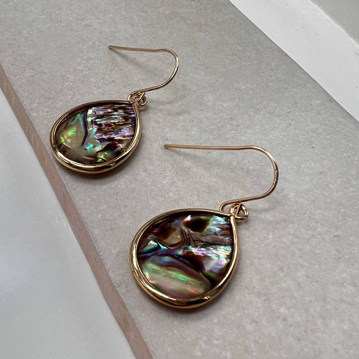 Sela+Sage - Wholesale Dangle Earrings - Lightweight Paua Shell Drop Earrings, Bezel Teardrops GF