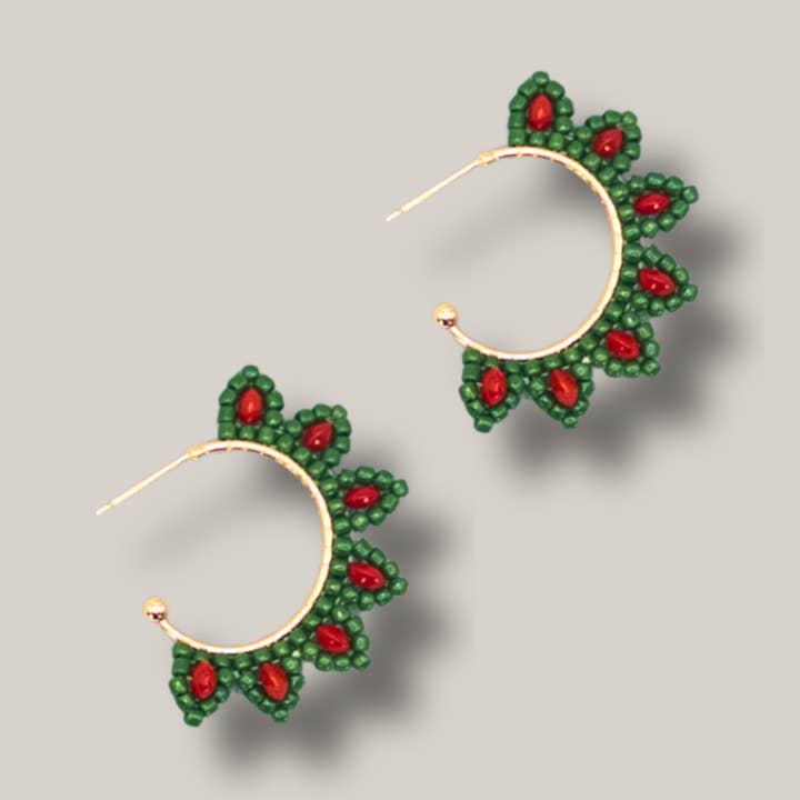 Holly Beaded Hoop Earrings // Christmas, Holiday, Jewelry for wholesale by Karma Cat Jewelry Co.
