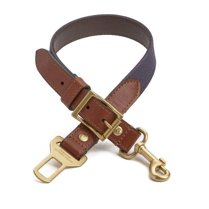 Leather Dog Seatbelt – Brown Leather / Navy Canvas / Brass Finish for wholesale by Pinewood Leather & Collar