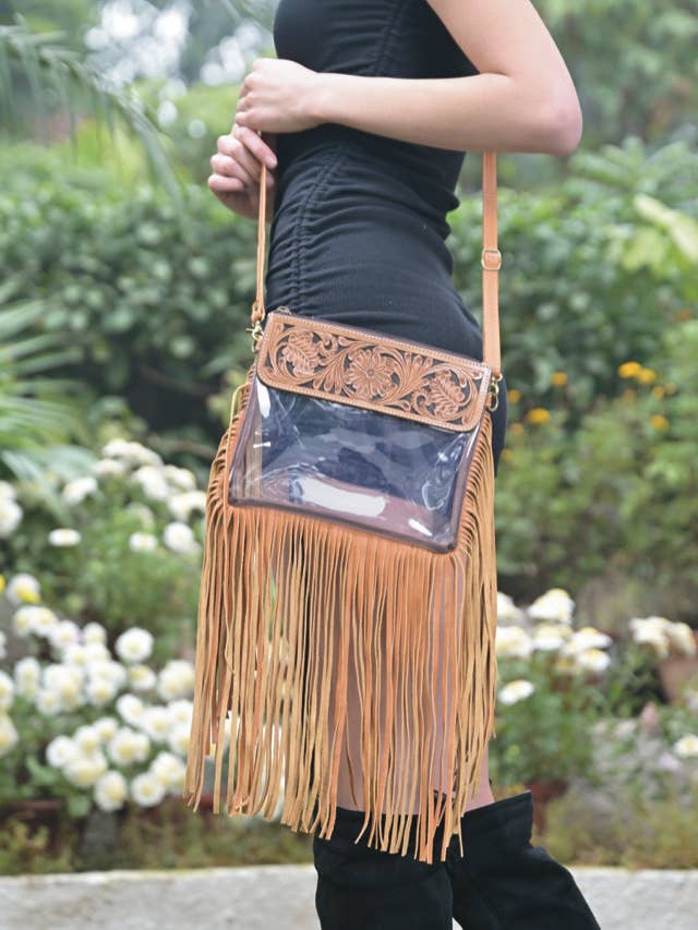 Tooling Lthr Clear Plastic Clutch Bag with Fringes – PTB07 for wholesale by The Design Edge