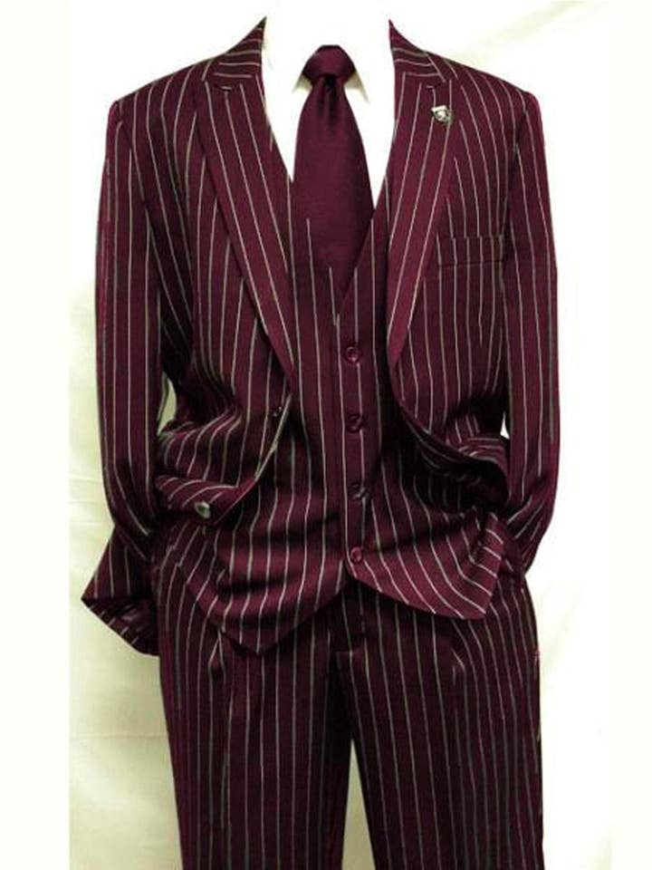Mens 2 Button Vested 3 Piece Gangster Bold Pinstripe Suit Burgundy for wholesale by Alberto Nardoni