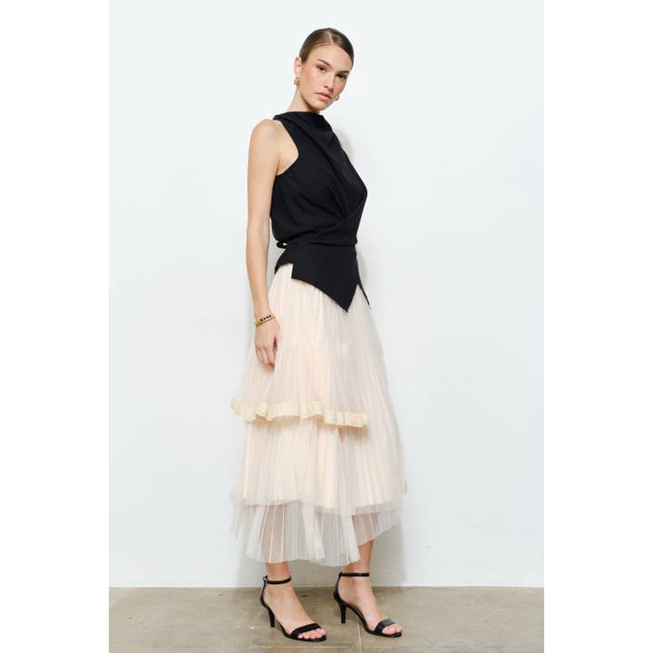 INA - Vente Jupe – femme - Jupe midi superposée élégante avec bordure en dentelle transparente12