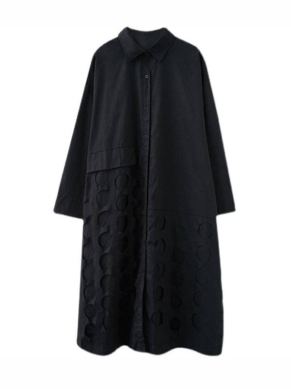 StyleGalX - Vente Robe – femme - Robe midi à manches longues, coupe évasée, col à revers, asymétrique avec pois ajourés unis6