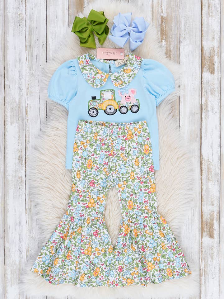 Marie Nicole Clothing - Wholesale Top & Pant Set - Kids - Light Blue Embroidered Piggy Tractor Bell Bottoms Outfit