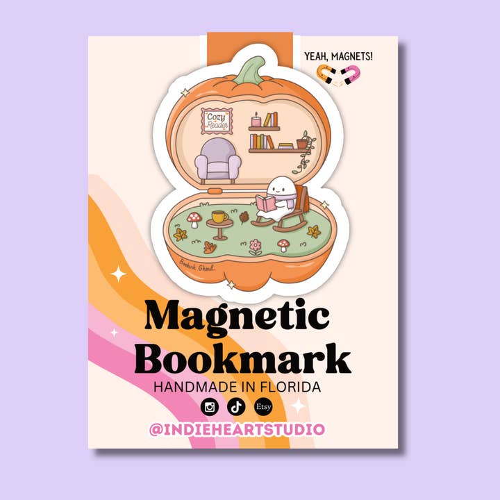 Magnetic Bookmark – Cozy Ghost Reader with Pumpkin for wholesale by Indie Heart Studio