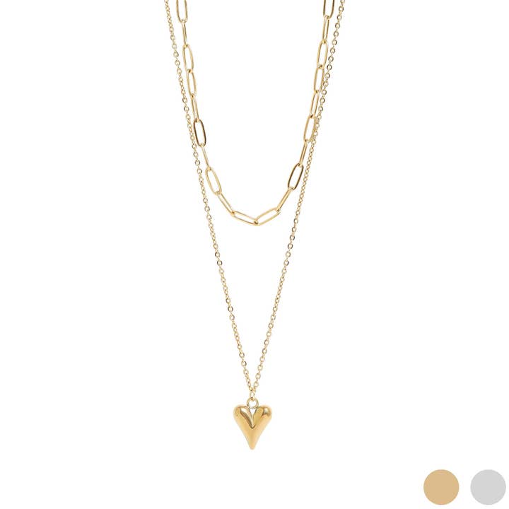 WJW - Wholesale Pendant/Charm Necklace - 18K Gold PVD Stainless Steel Loop and Paperclip Layered Chain Heart Charm Necklace