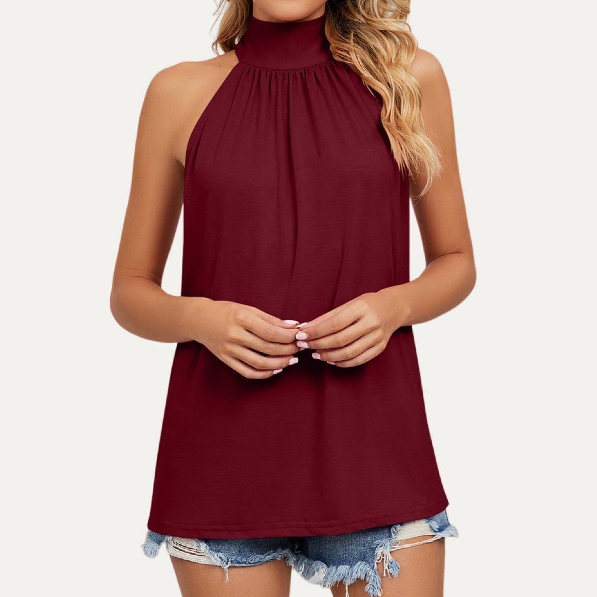 The Moment Collection – Blusa - Mulher por atacado – Trendy cor sólida sem mangas de tie-back Halter Top1