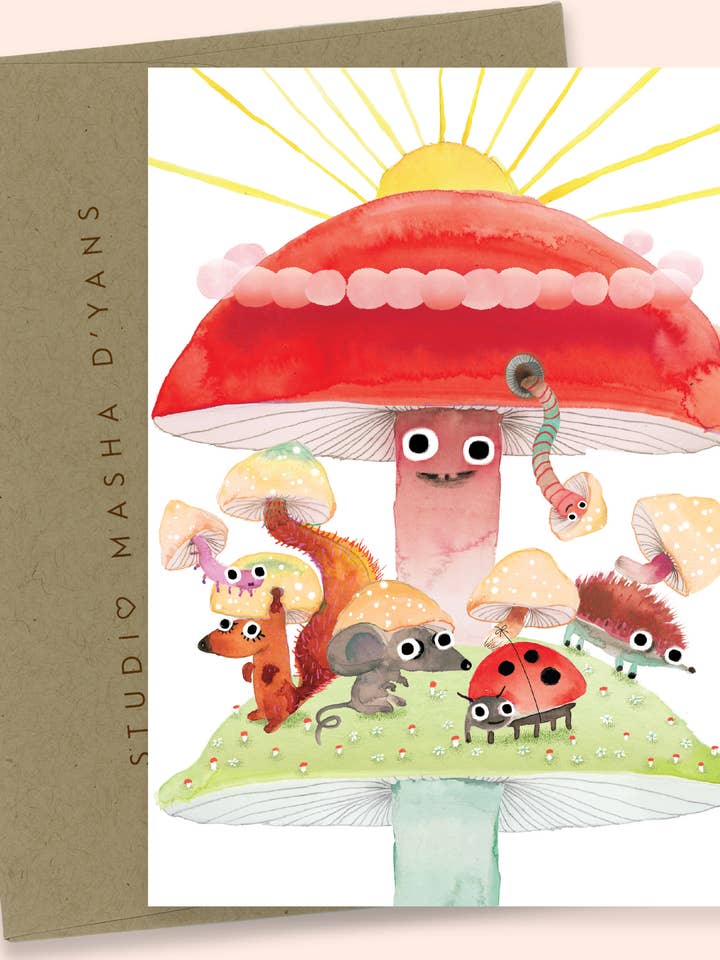 mushroom animal gang WATERCOLOR GREETING CARD for wholesale by Studio Masha D'yans