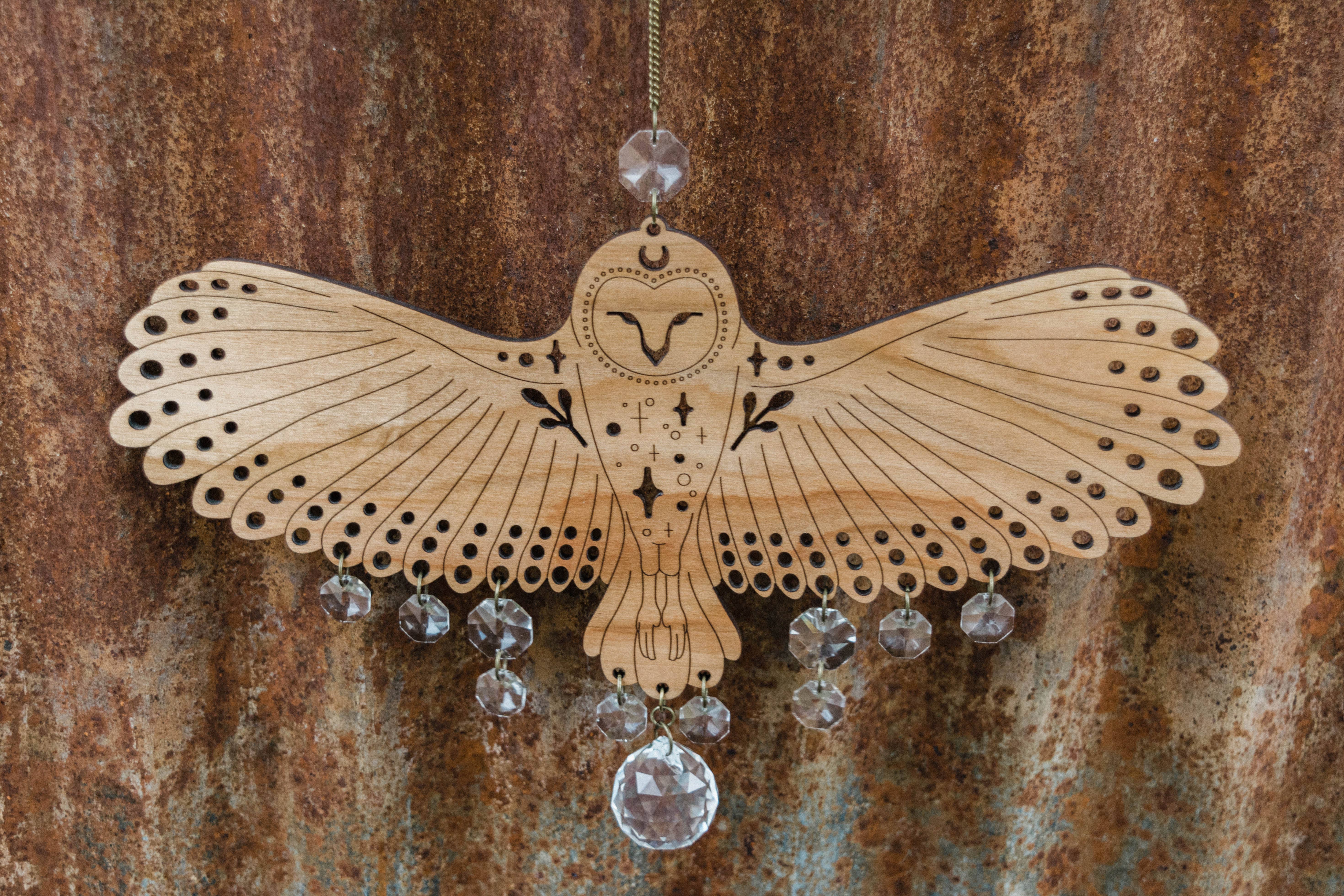 HEX Botanical - Wholesale Suncatcher - Owl Wooden Wall Hanging Bird Suncatcher w/ Crystal Prisms 5