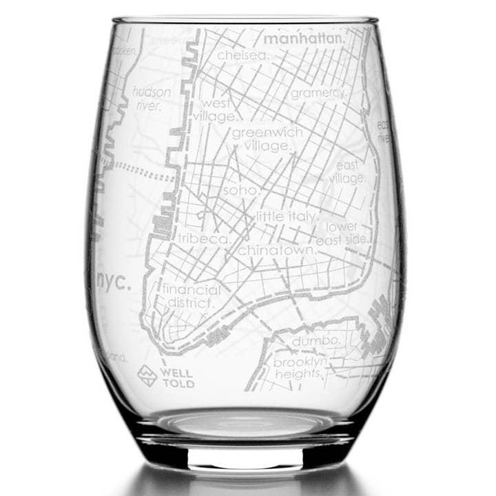 New York City, NY City Map - 15 oz Stemless Wine Glass for wholesale by Well Told