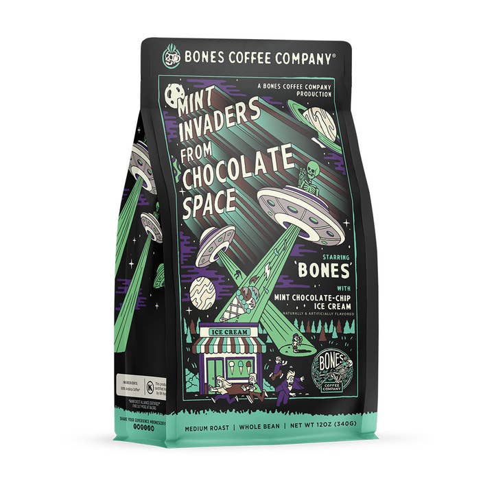 Bones Coffee Company - Wholesale Coffee Beans - Mint Invaders Flavored Coffee | 12oz | Whole Bean & Ground4