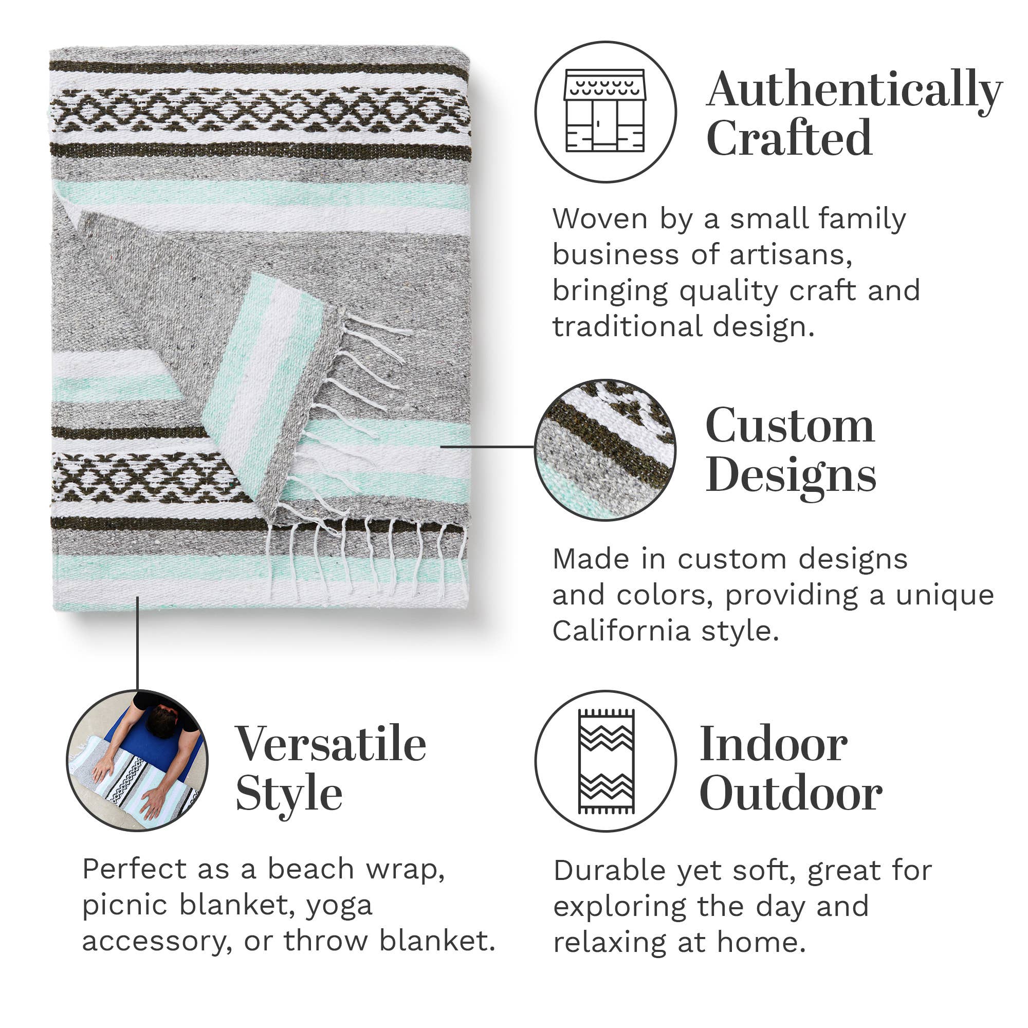 Laguna Beach Textile Company, LLC - Wholesale Throw Blanket - Mexican Serape Blanket - Mint and Gray4