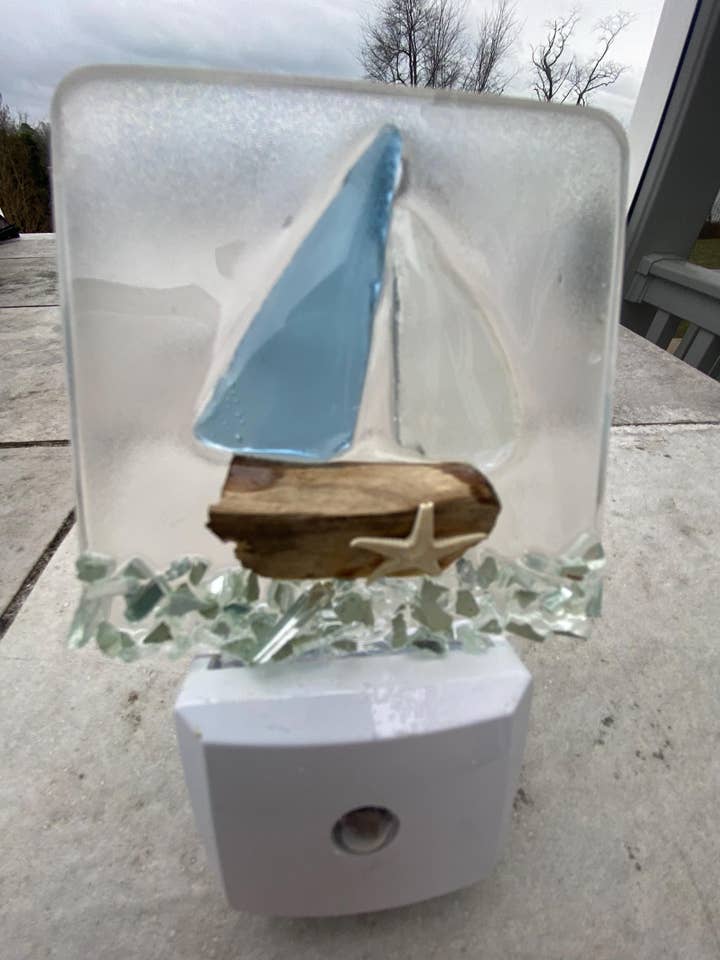 COASTAL Night Light- AQUA Glass WAVE #2 for wholesale by Sea Dreams Coastal Art