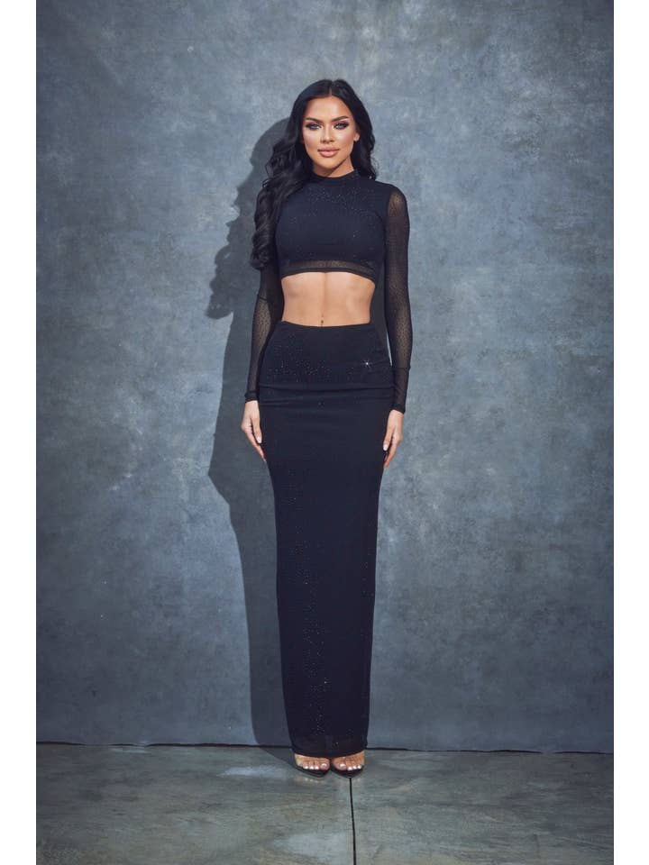 Black 2 PC Rhinestone Mesh Skirt Set for wholesale on Faire